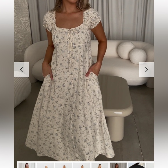 Worth Collective Dresses & Skirts - Floral Square-Neck Cotton Midi Dress in Cream with blue floral